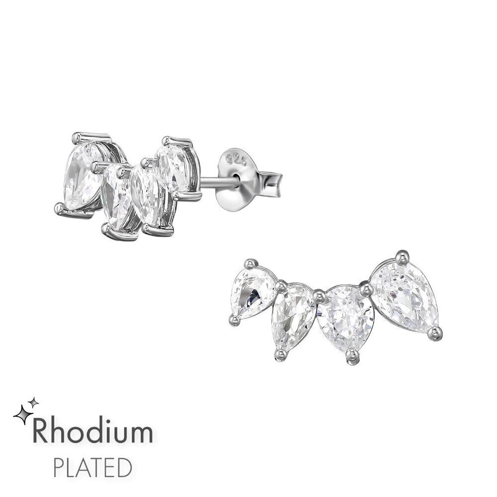 Rhodium Curved CZ Ear Studs | 8 Stones 13mm